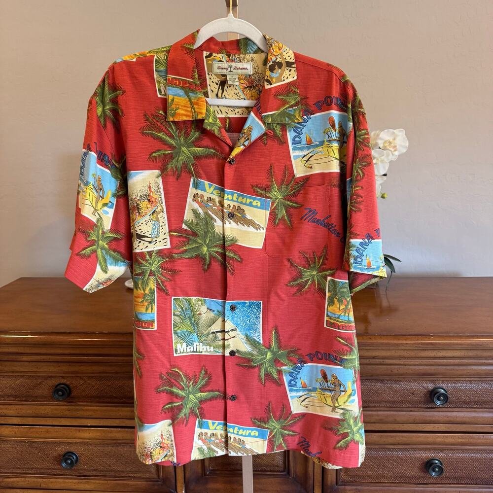 Vintage Tommy Bahama 100% Silk California Postcard Hawaiian Shirt M
